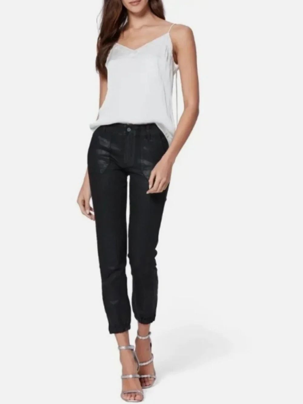 NWT PAIGE Mayslie Jogger Pants Black Coated Ankle Zip Size 25